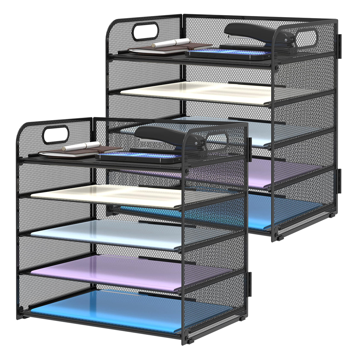Supeasy 2 Pack 5-Tier Desk Organizer with Handle Mesh Desk File/Paper Organizer Letter Tray for Office, School, Classroom and Home Easy Installation, Black
