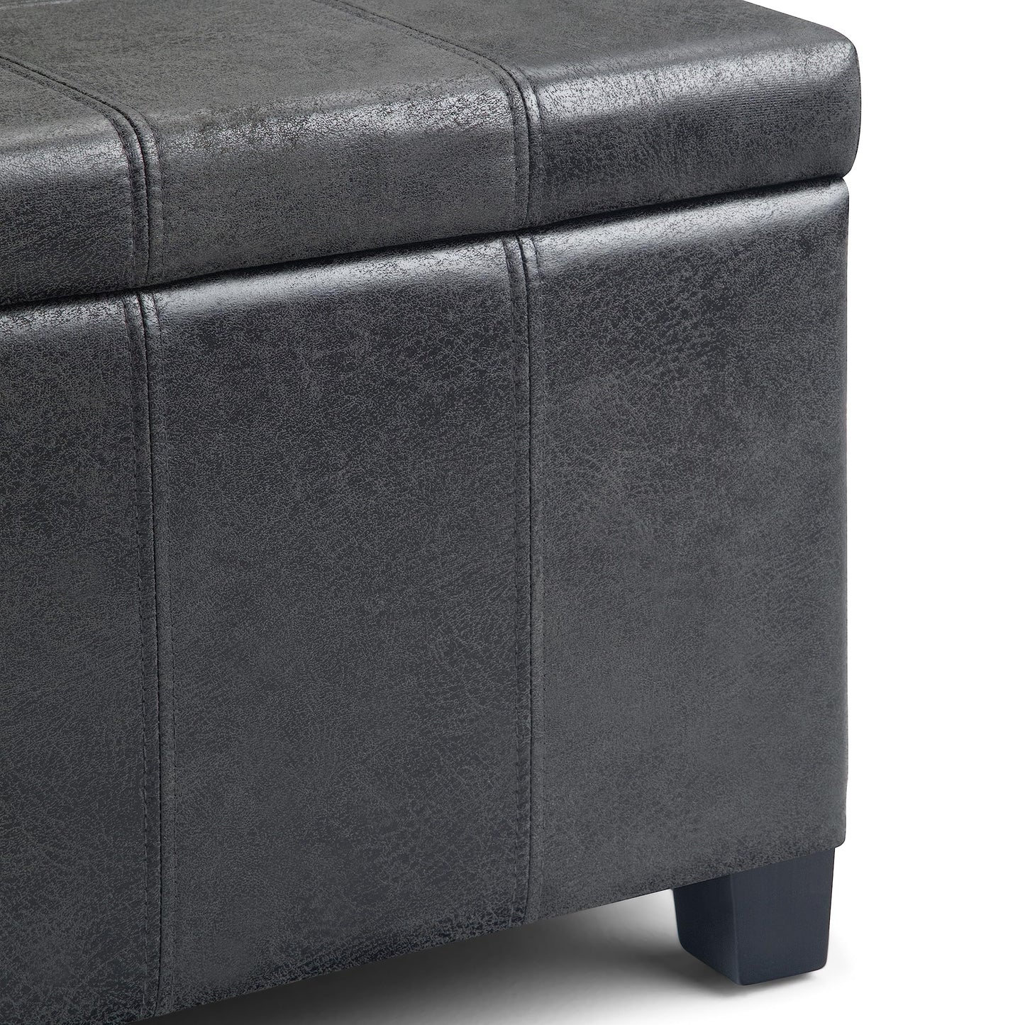 SIMPLIHOME Dover Storage Ottoman Bench - 36 inch Wide Upholstered Vegan Leather Rectangular Lift-Top Ottoman in Distressed Black, Contemporary Bench for Living Room with Safety Hinges