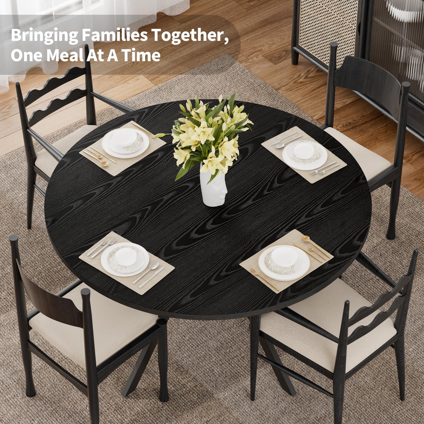 Black Dining Table for 2-4, 42 Inch Round Kitchen Table with Storage, Wooden Circle Dinner Table with Metal Legs, Rustic Mid Century Modern Dining Room Tables for Kitchen, Living Room, Dining Room