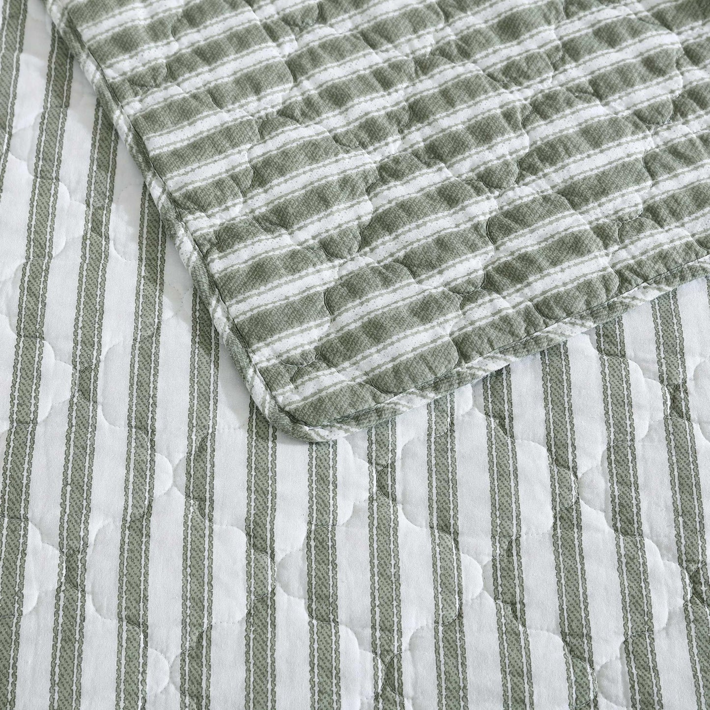 Stone Cottage - Twin Quilt Set, Reversible Cotton Bedding with Matching Shams, Striped Ideal Bedding Set (Willow Way Green, Twin)