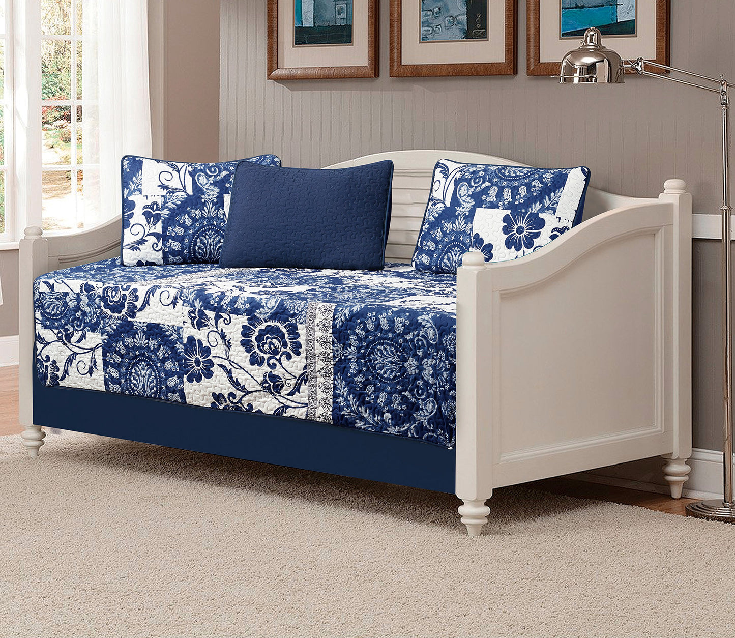 Mk Home 5pc Daybed Quilted Floral White Navy Blue New # 186