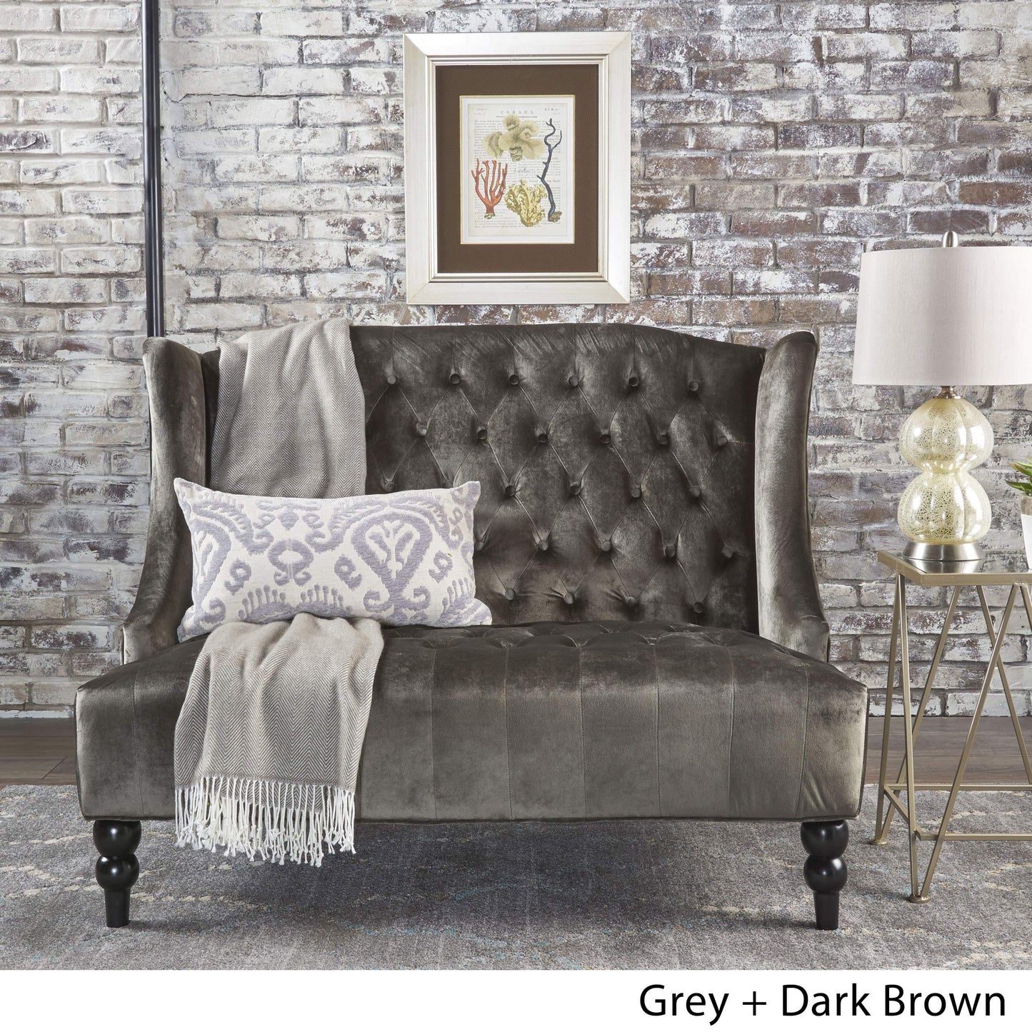 Christopher Knight Home GDFStudio Leona Modern Glam Tufted Velvet Wingback Loveseat, Gray and Dark Brown