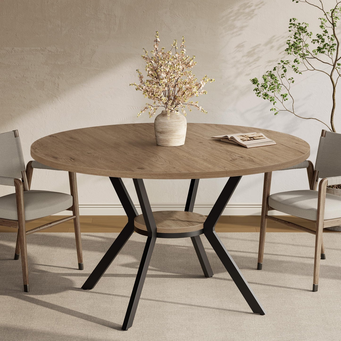 MECHYIN 42" Round Dining Table for 2-4, Farmhouse Kitchen Table with Storage, Space Saving Circle Dinner Table, Rustic Light Wood Kitchen & Dining Room Tables with Metal Legs for Kitchen, Dining Room