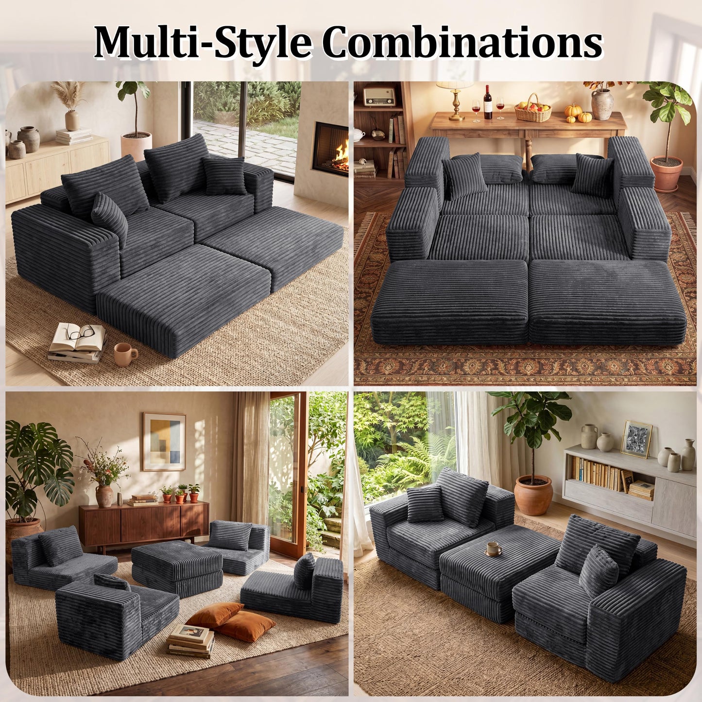 75'' L-Shaped Cloud Modular Sectional Couch with Chaise, Modern Corduroy Memory Foam Sofa Bed, Upholstered Boneless Deep Seat Fluffy Sleeper Sofa, for Living Room, No Assembly Needed (Dark Grey)