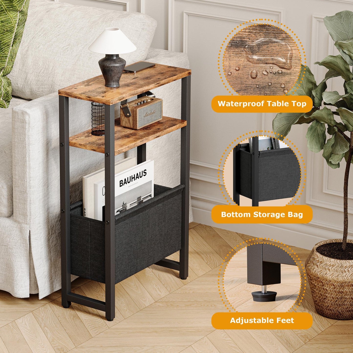 IRCPEN Narrow Side Table, Slim End Table with Magazine Rack, Skinny Bedside Table for Small Spaces, 3 Tier Sofa Couch Table Nightstand for Living Room, Bedroom, Rustic Brown LET503R