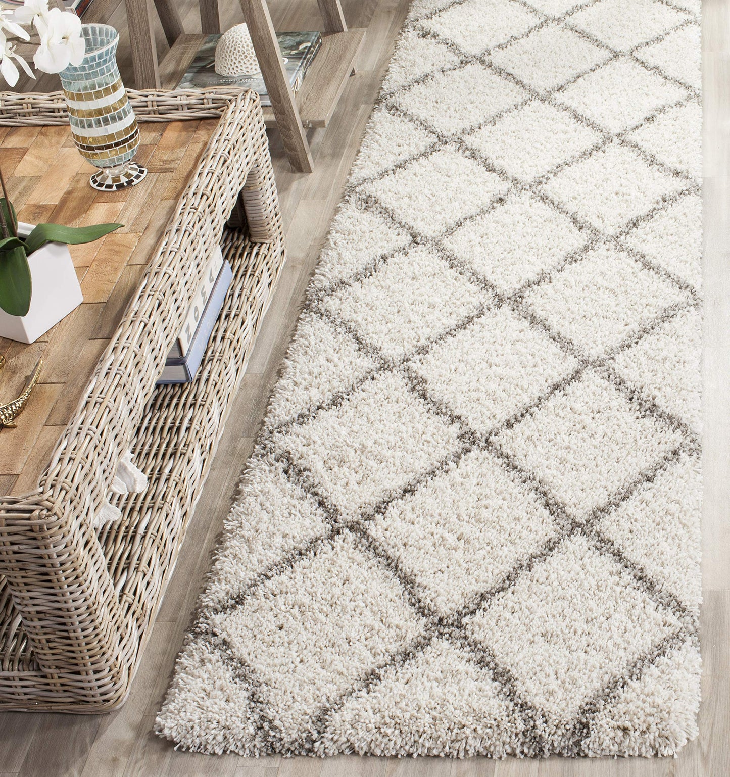 SAFAVIEH Hudson Shag Collection Runner Rug - 2'3" x 6', Ivory & Grey, Modern Trellis Design, Non-Shedding & Easy Care, 2-inch Thick Ideal for High Traffic Areas in Living Room, Bedroom (SGH281A)