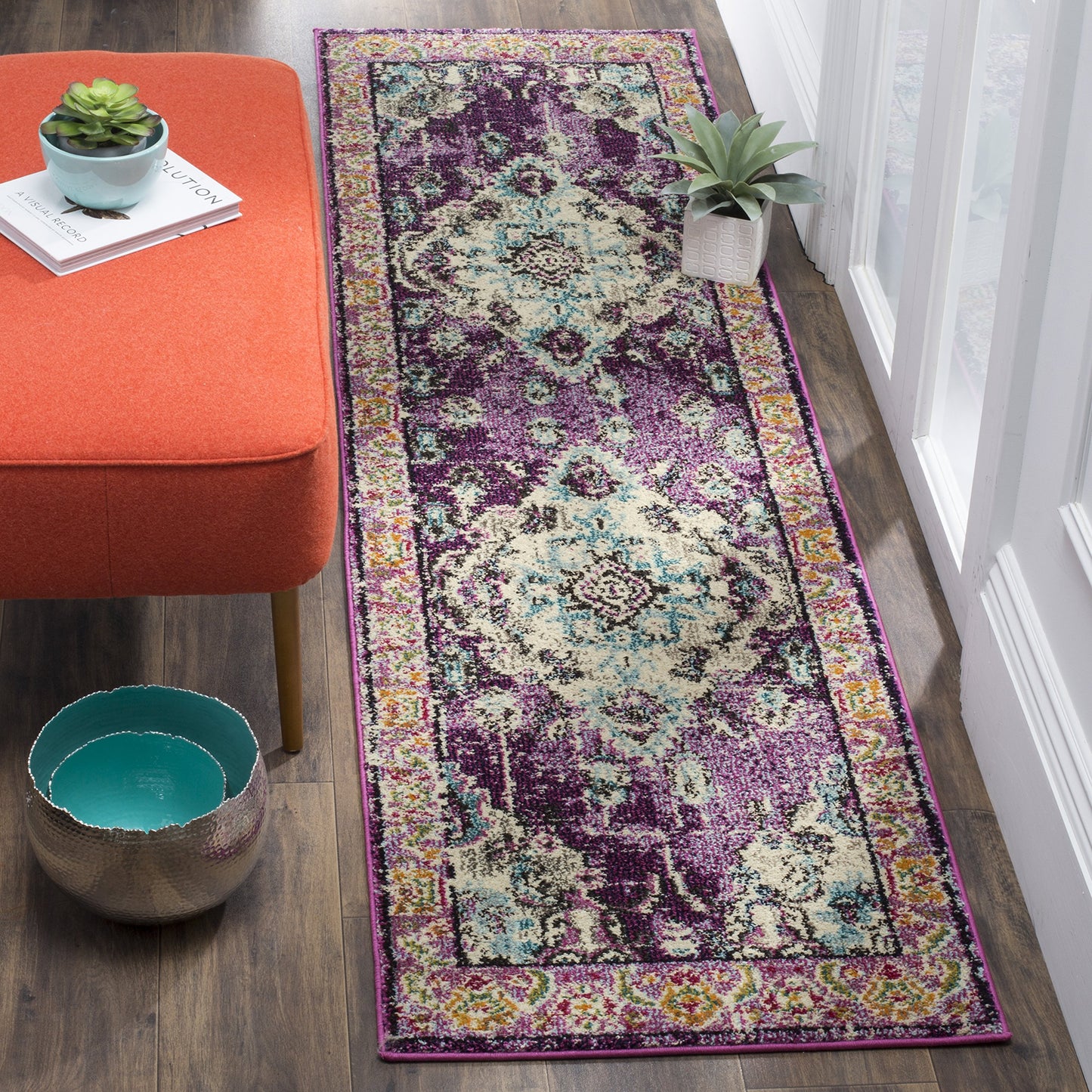 SAFAVIEH Monaco Collection Runner Rug - 2'2" x 14', Violet & Light Blue, Non-Shedding & Easy to Clean, Distressed Medallion Design, Ideal for Hallway, Foyer, Entryway, Kitchen, Bedroom (MNC243L)