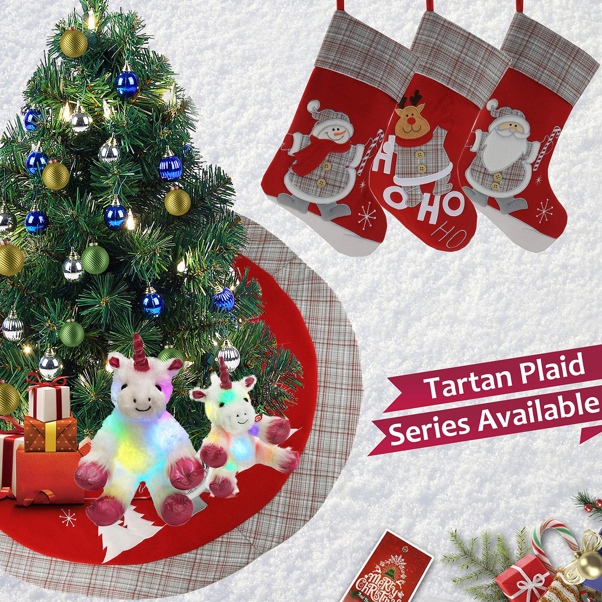 WEWILL Lovely Christmas Stockings Set of 3 Santa, Snowman, Reindeer, Xmas Character 3D Plush Linen Hanging Tag Knit Border for Family Kids