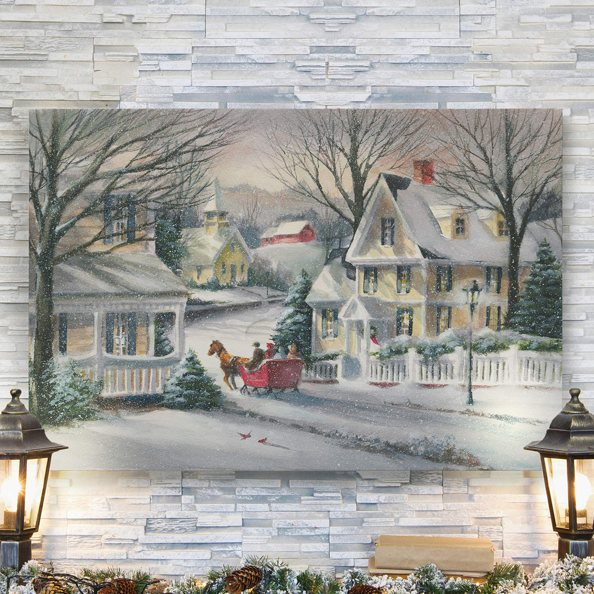 Renditions Gallery Canvas Wall Art Paintings for Home Decorations Snowy Village Sleigh Ride Wall Hanging Abstract Prints for Bedroom Dining Living Room Office Home Kitchen Wall Decor - 32"X48" LT18