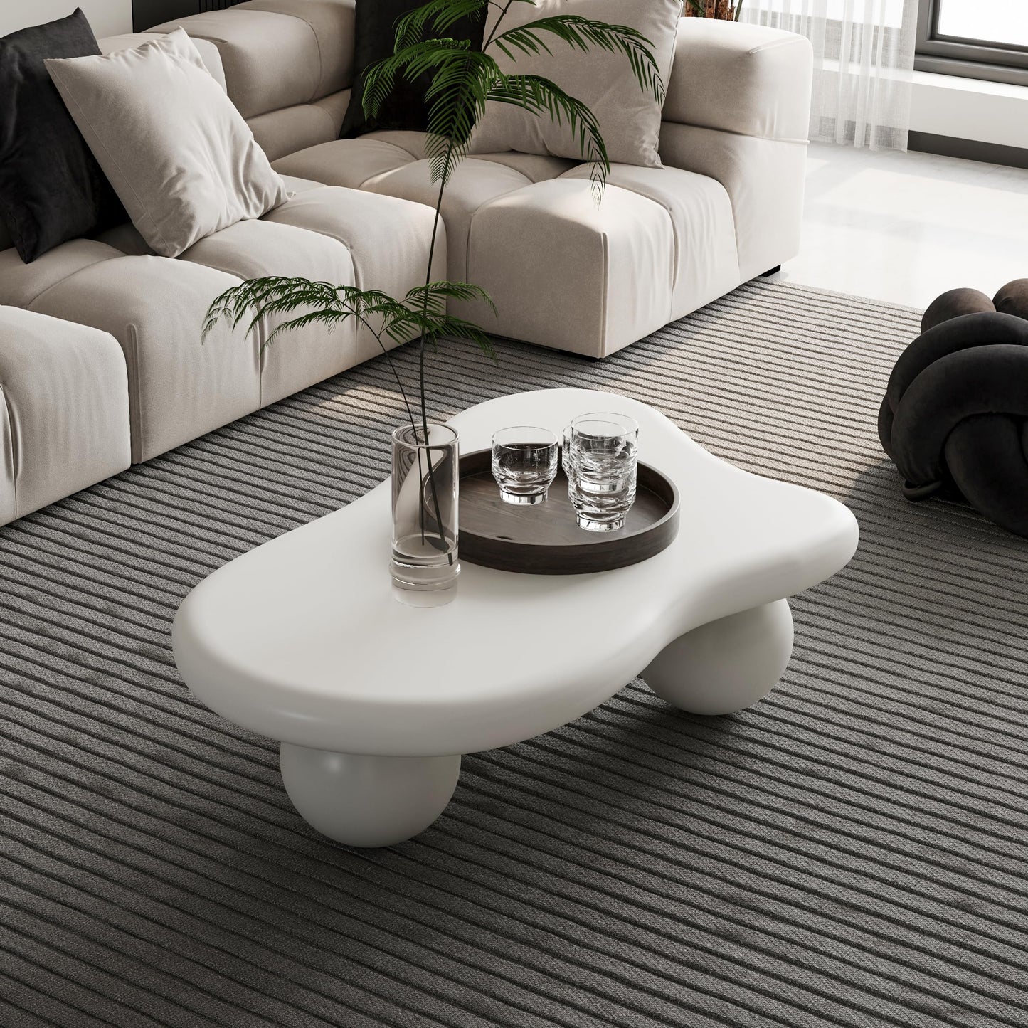 KEIKI 40" Cloud Shaped Coffee Table with 3 Ball Legs, Low Modern Wooden Coffee Table for Living Room, Office, or Small Spaces, Cream White