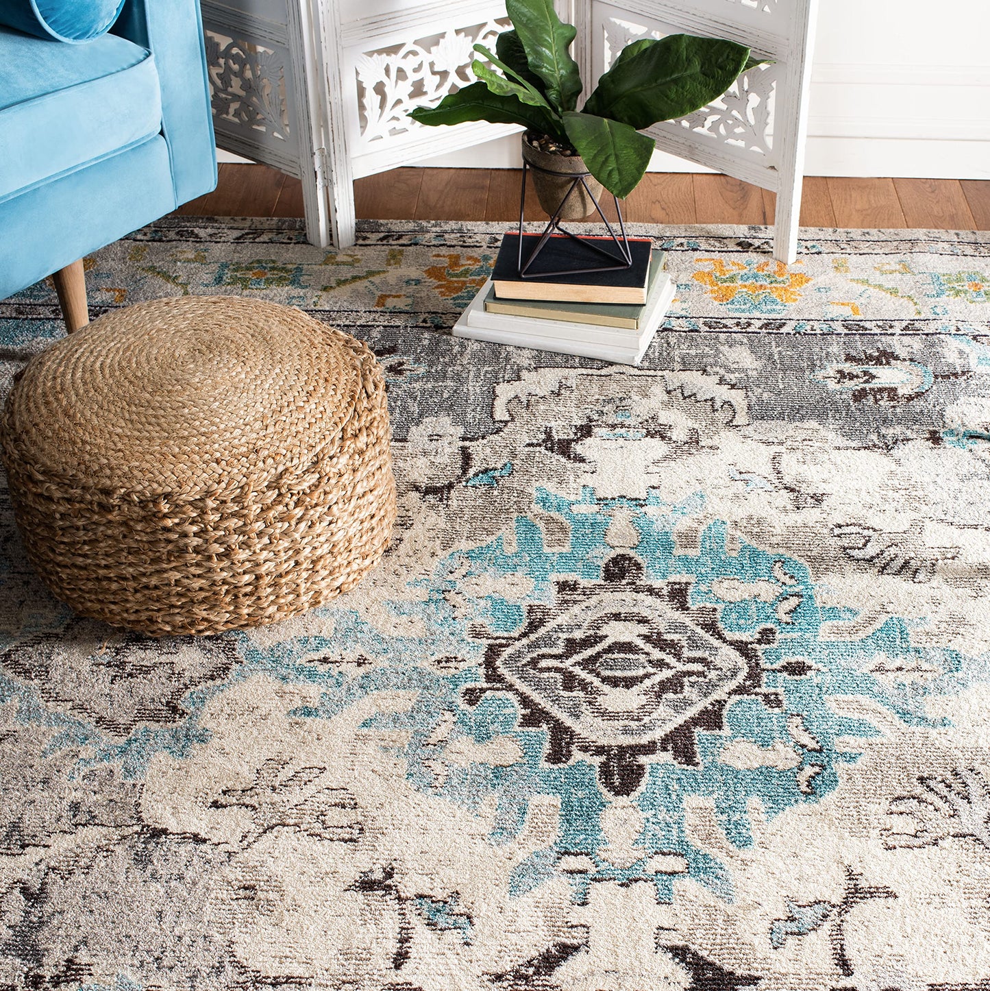 SAFAVIEH Monaco Collection Runner Rug - 2'2" x 14', Grey & Light Blue, Non-Shedding & Easy to Clean, Distressed Medallion Design, Ideal for Hallway, Foyer, Entryway, Kitchen, Bedroom (MNC243G)