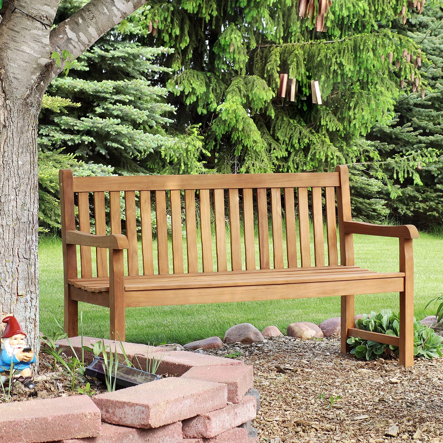Sunnydaze Teak Mission Style 2-Person Outdoor Bench and Outdoor Coffee Table