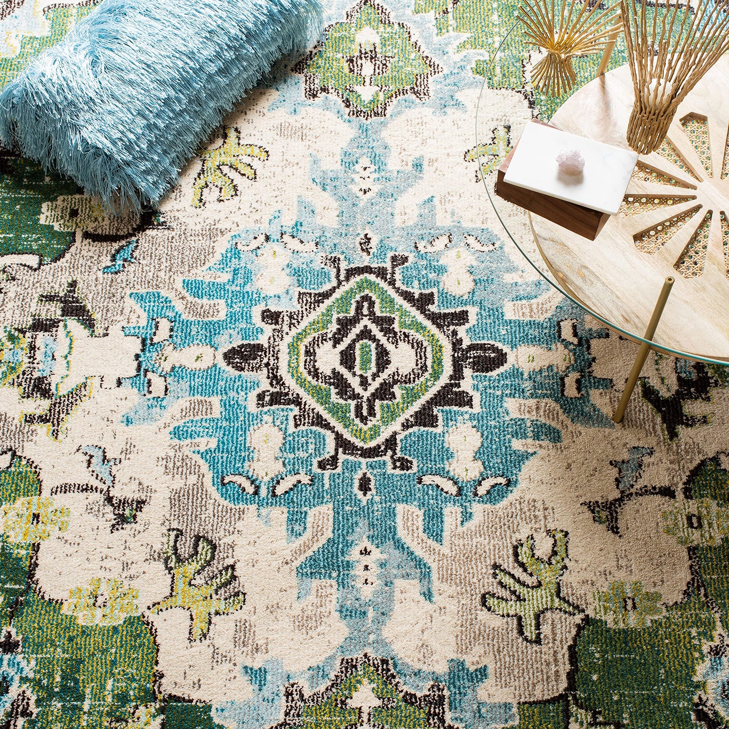 SAFAVIEH Monaco Collection Runner Rug - 2'2" x 14', Forest Green & Light Blue, Non-Shedding & Easy to Clean, Distressed Medallion Design, Ideal for Hallway, Foyer, Entryway, Kitchen, Bedroom (MNC243F)