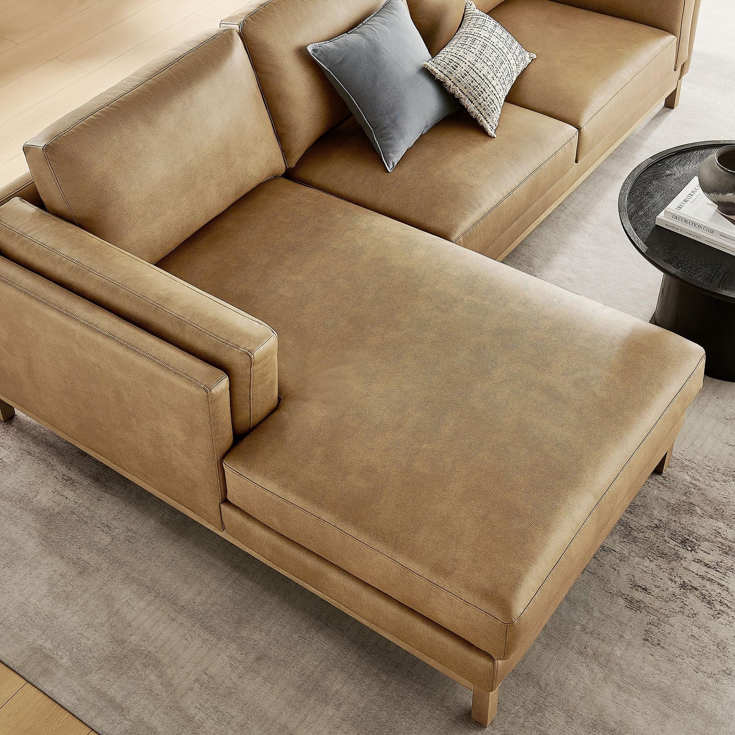 Modway Roscoe Left-Facing Sectional Sofa with Chaise in Toast - 2-Piece Faux Leather Upholstered Deep Seat Couch, L Shaped Modular for Living Room or Lounge
