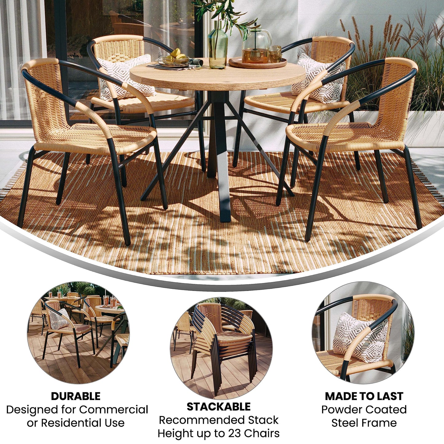 Flash Furniture Lila 4 Pack Beige Rattan Indoor-Outdoor Restaurant Stack Chair | Versatile and Stylish Seating