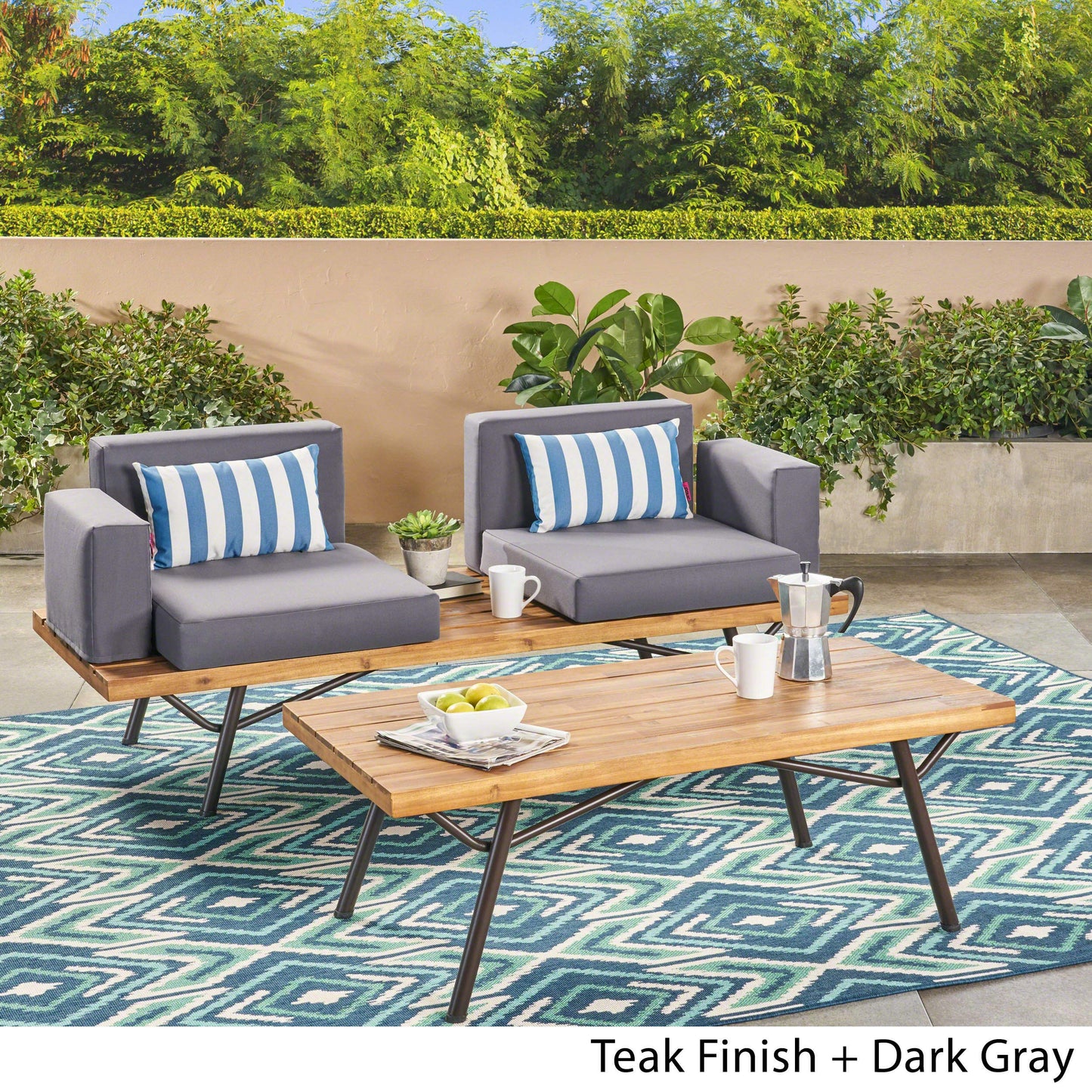 Christopher Knight Home Nora Outdoor Acacia Wood Chat Set, Teak Finish and Dark Gray