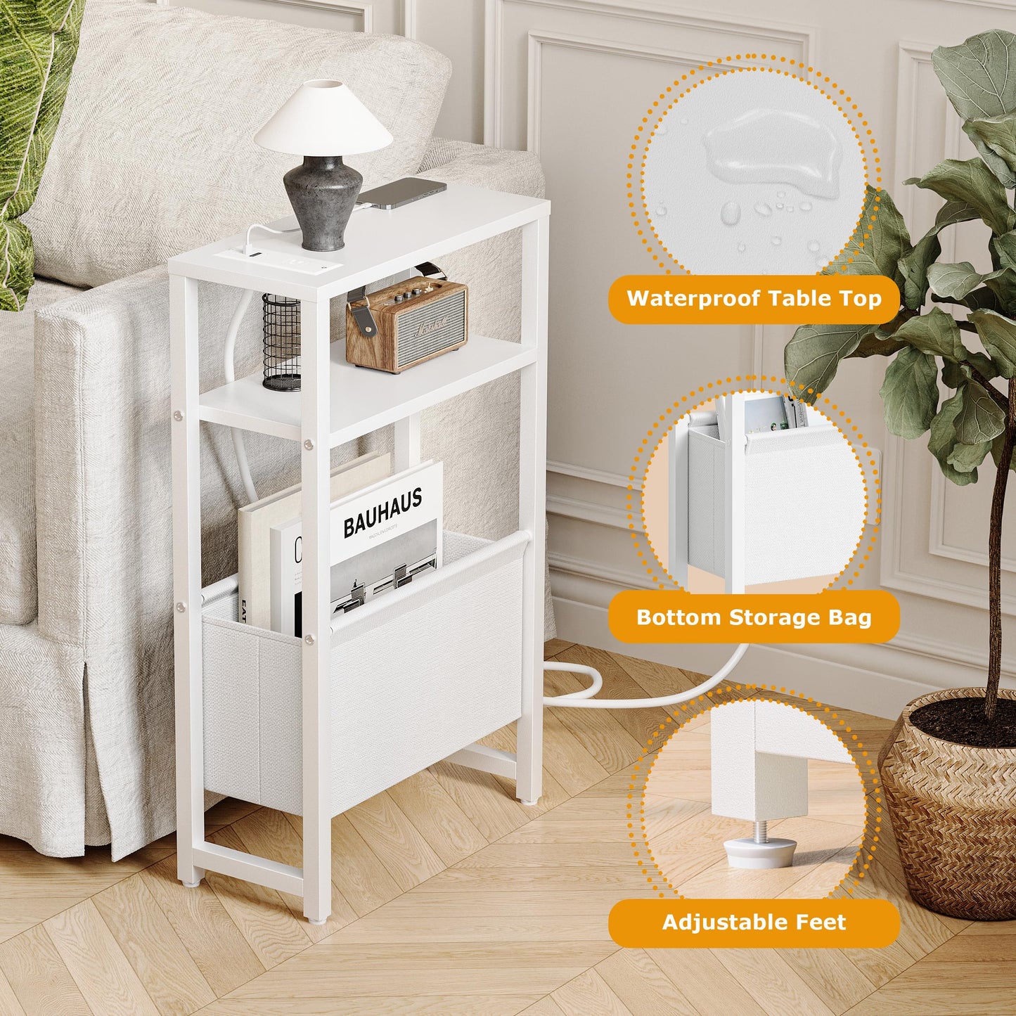 IRCPEN Narrow Side Table with Charging Station Slim End Table Sofa with Magazine Rack, Bedside Table for Small Spaces, 3 Tier Nightstand for Living Room Couch, Bedroom White LET503WE
