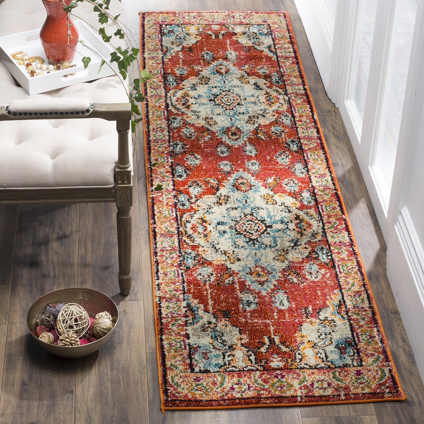 SAFAVIEH Monaco Collection Runner Rug - 2'2" x 14', Orange & Light Blue, Non-Shedding & Easy to Clean, Distressed Medallion Design, Ideal for Hallway, Foyer, Entryway, Kitchen, Bedroom (MNC243H)
