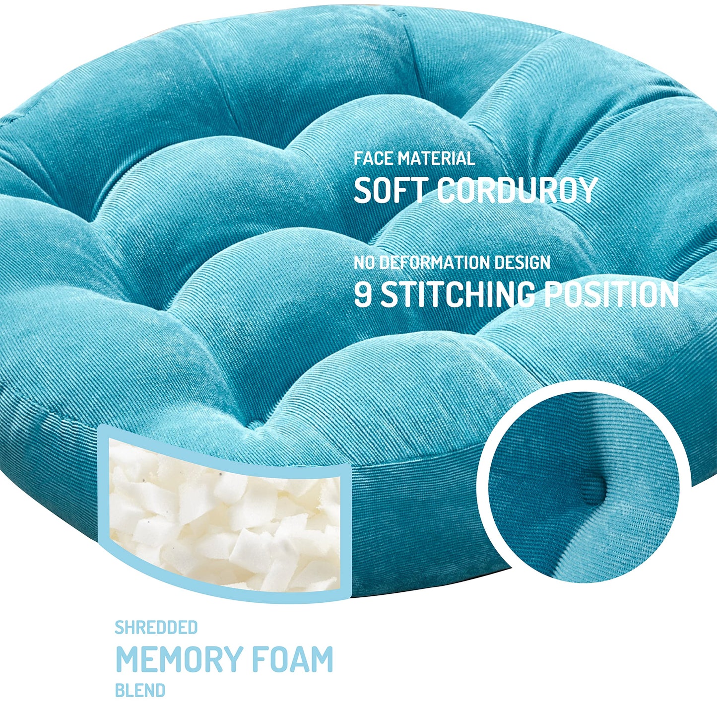 Degrees of Comfort Meditation Floor Pillow, Round Large Pillows Seating for Adults, Tufted Corduroy Thick Cushion for Living Room Tatami, Turquoise, 22 Inch Single