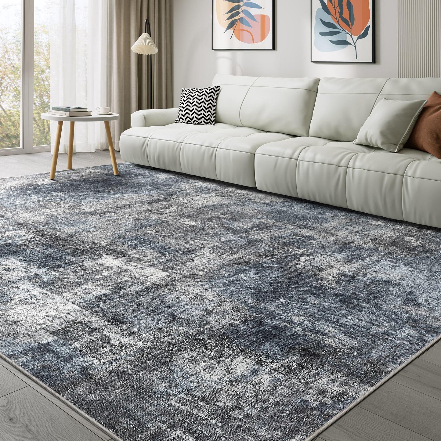 TARANCH Abstract 10x14 Area Rug: Machine Washable Non Slip Ultra Thin Low-Pile Carpet, Soft Stain Resistant for Living Dining Room Bedroom, Kid Pet Friendly, Robot Vacuum Compatible - Dark Grey/Blue