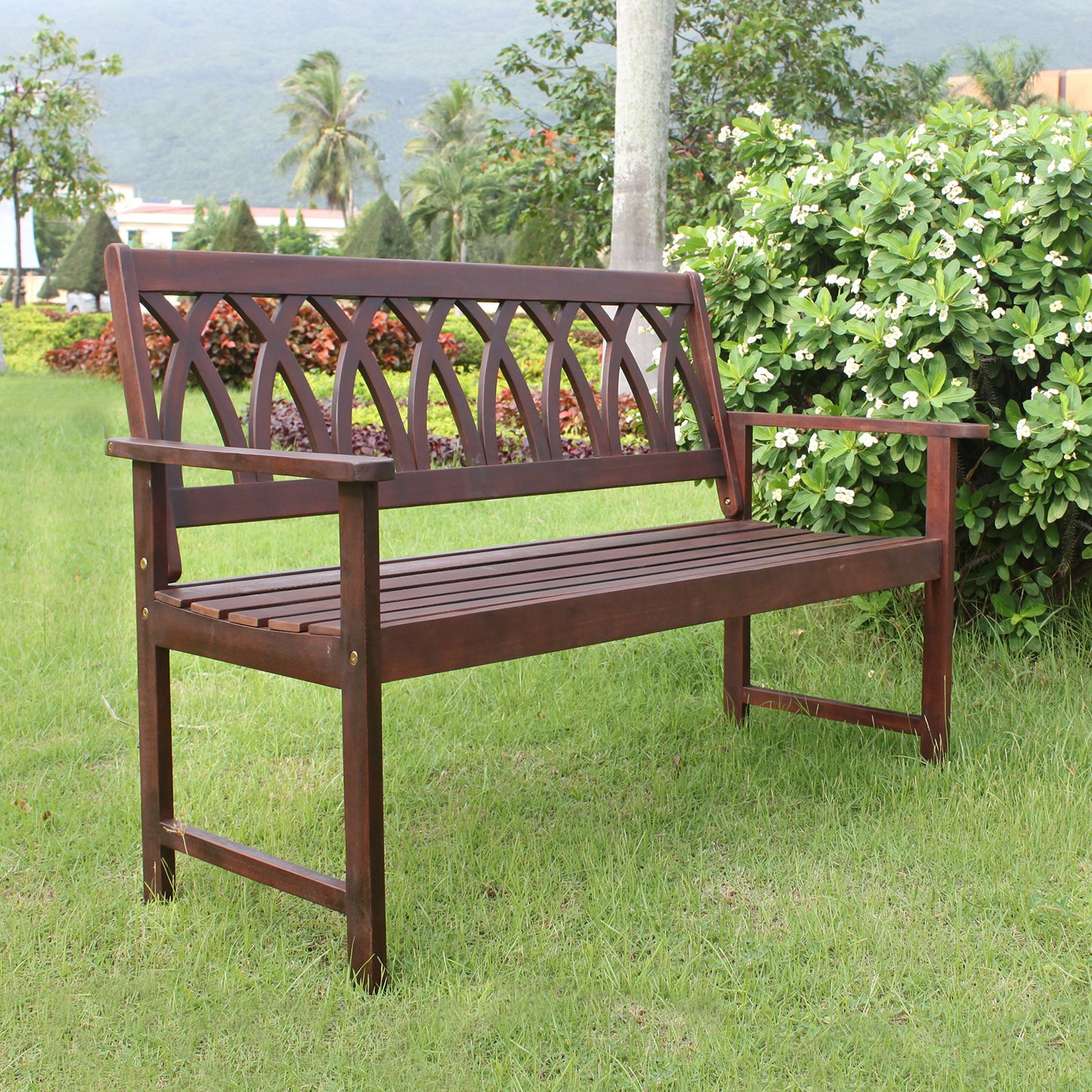 northbeam Criss Cross Garden Bench Acacia Wood Outdoor Garden Bench Patio Bench, Natural, BCH0330610810