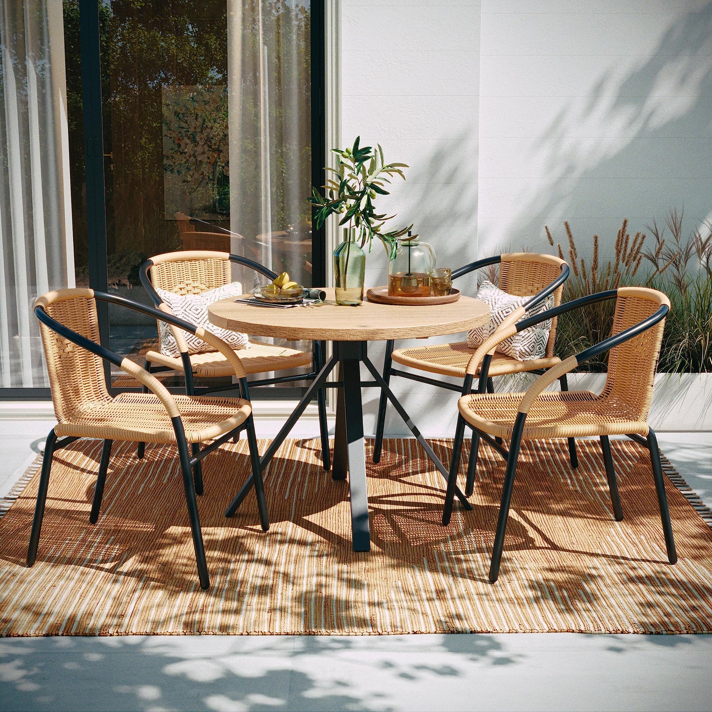 Flash Furniture Lila 4 Pack Beige Rattan Indoor-Outdoor Restaurant Stack Chair | Versatile and Stylish Seating