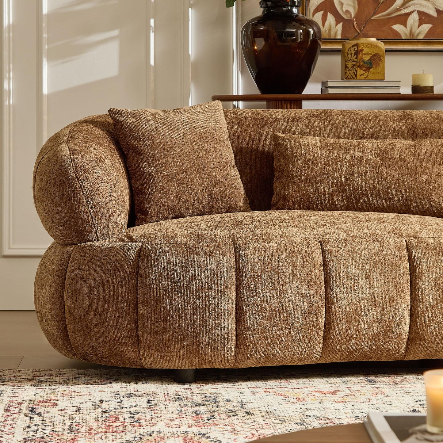 BBTJOINT Loveseat Sofa Set, Channel Tufted Brown Chenille Upholstery, Curved Bubble Design, Modern Living Room Couch