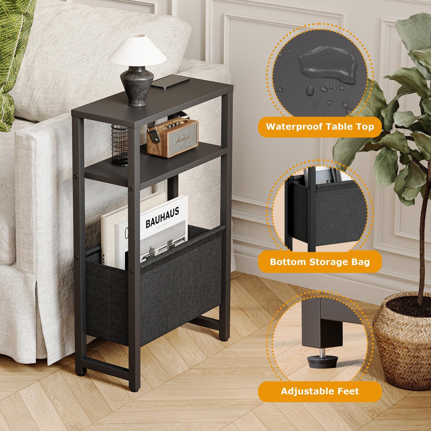 IRCPEN Narrow Side Table, Slim End Table with Magazine Rack, Skinny Bedside Table for Small Spaces, 3 Tier Sofa Couch Table Nightstand for Living Room, Bedroom, Black LET503B