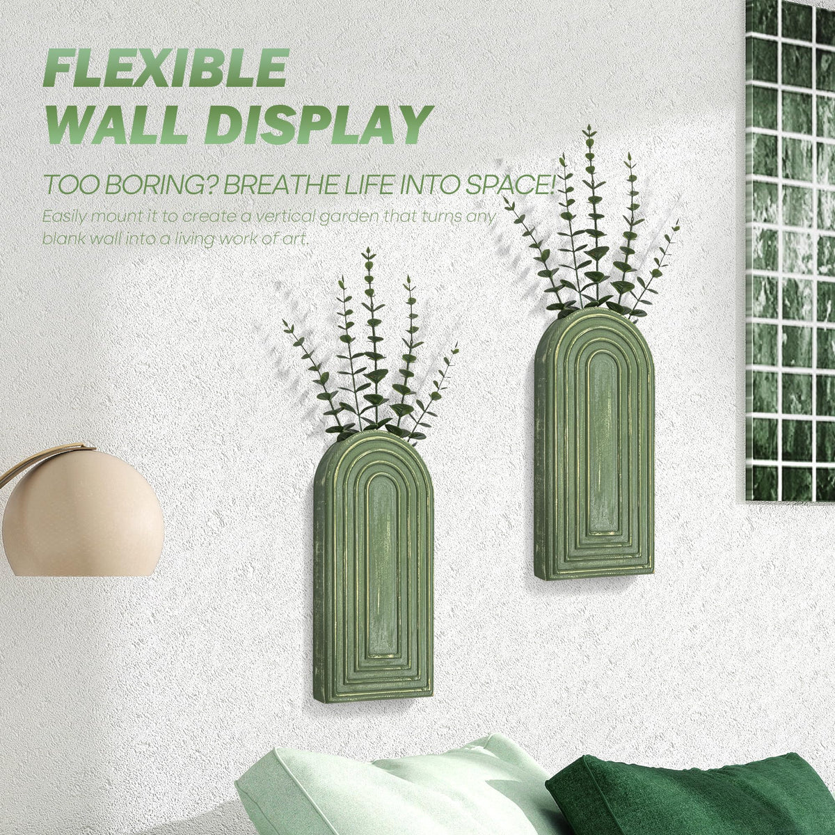 EOSAHR Pine Wood Wall Vases Set of 2 – Decorative Hanging Vases for Indoor Plants, Eucalyptus & Artificial Flowers – Best Boho Chic Decor Wall Art for Bathroom, Bedroom & Living Room (Green)
