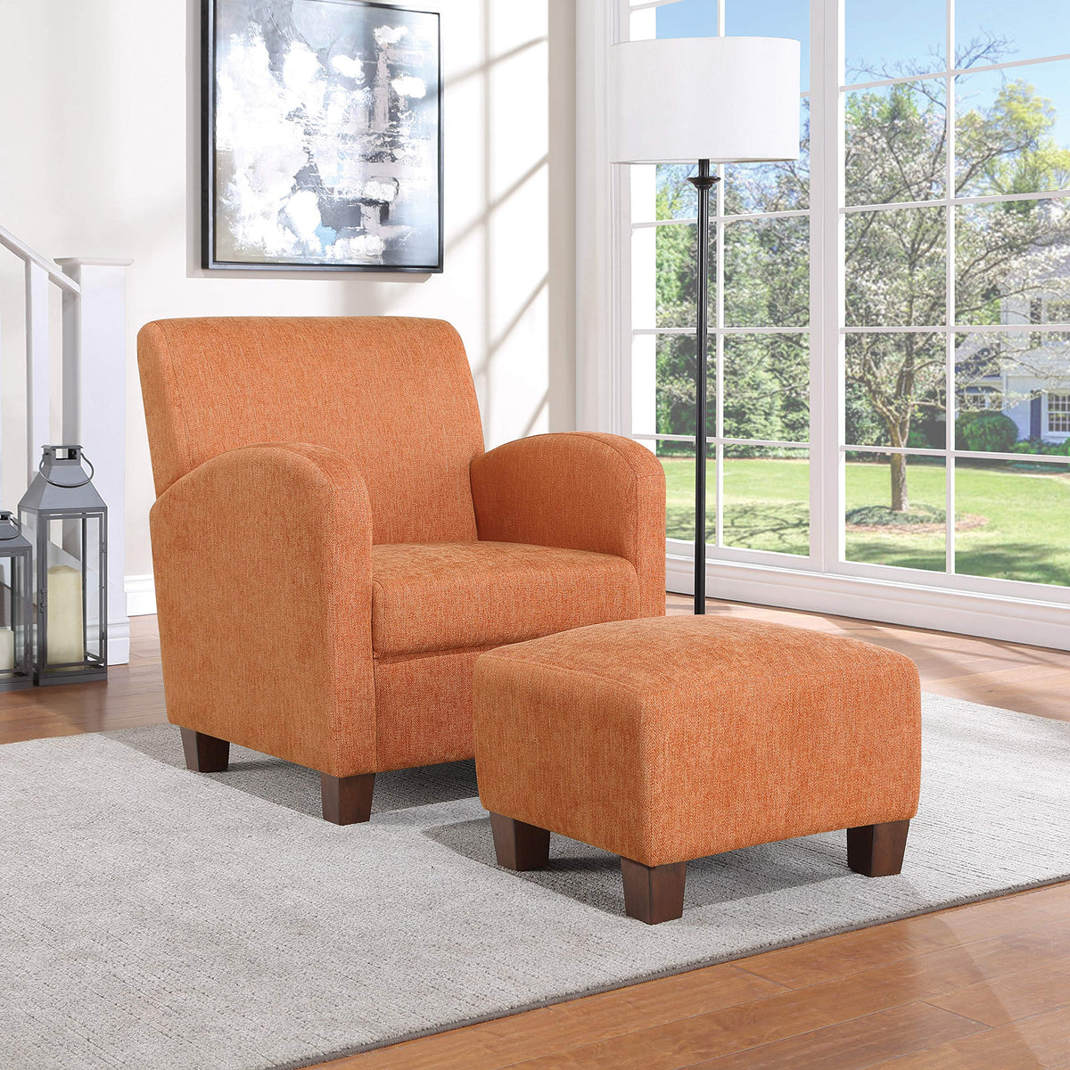 OSP Home Furnishings Aiden Club Accent Chair and Matching Ottoman with Medium Espresso Legs, Herringbone Orange Fabric