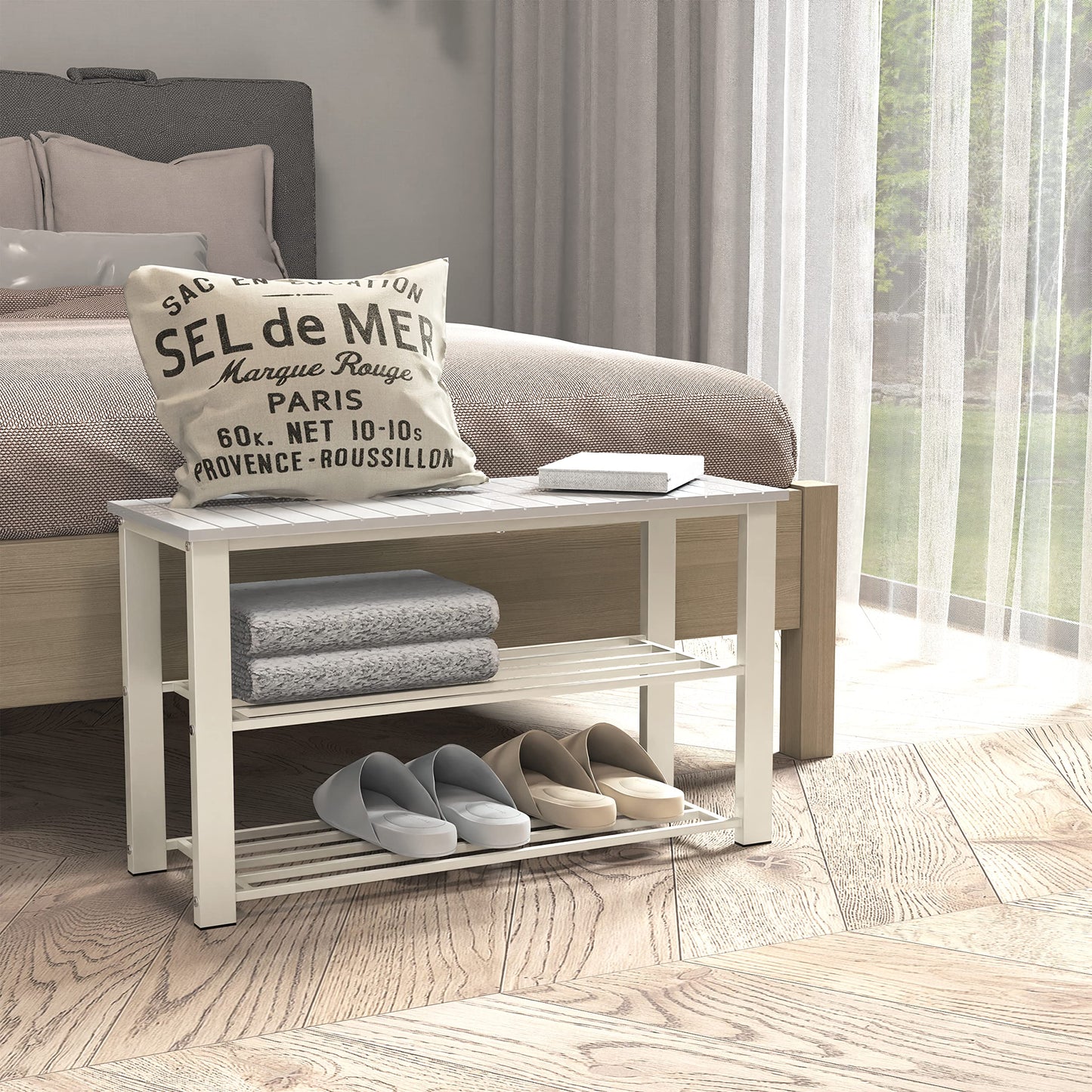 Simple Houseware Wood Top Shoe Storage Bench for Entryway, White